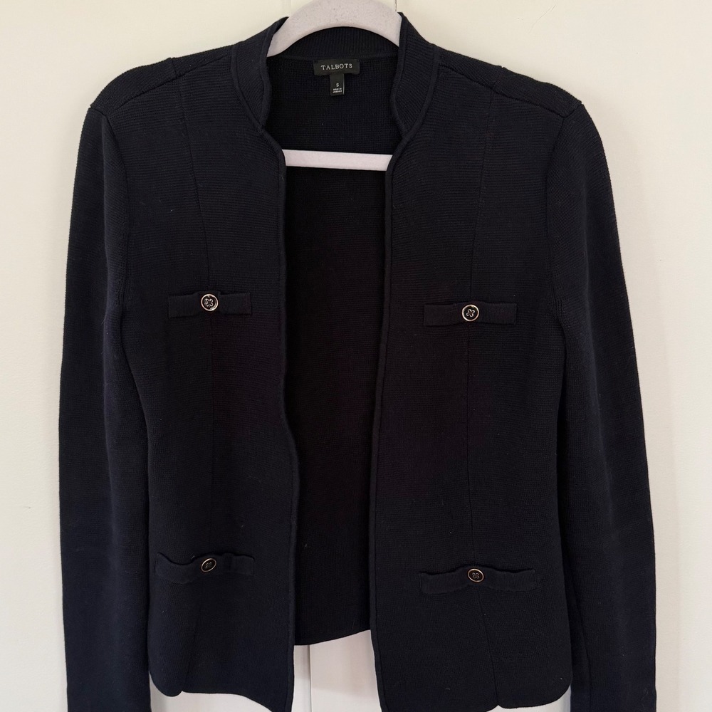 Talbots Women's Knit Blazer Sweater Cardigan Blue Open Front Old Money Classic S